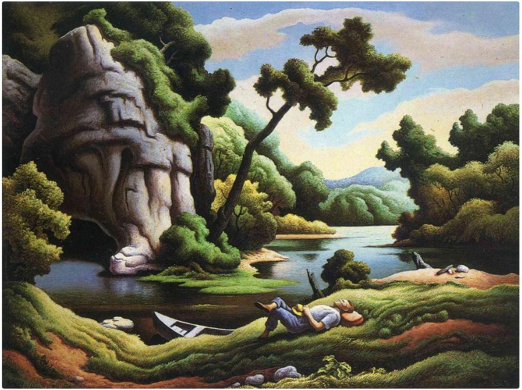  Image by Thomas Hart Benton, Spring Cave. Man napping by a river and a rocky cave on a grassy hill.