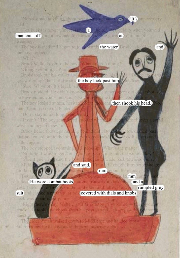 primitive drawing: bluebird, cat, woman, and a man waving. By Bill Traylor 