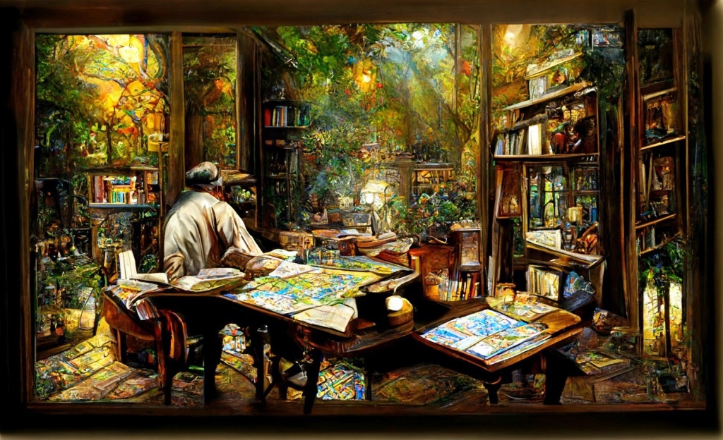 man studying road maps, sitting at desk, surrounded by bookshelves. 