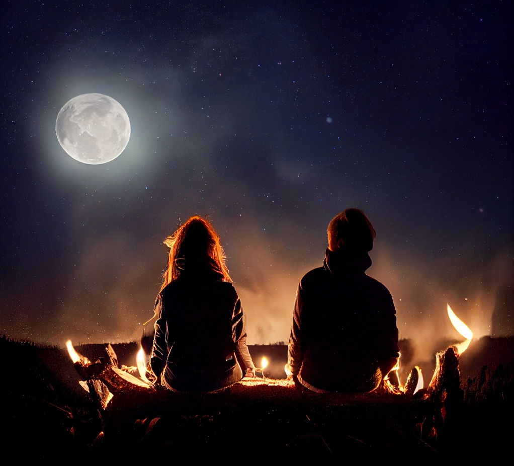 two people sat before campfire, night sky with stars and full moon
