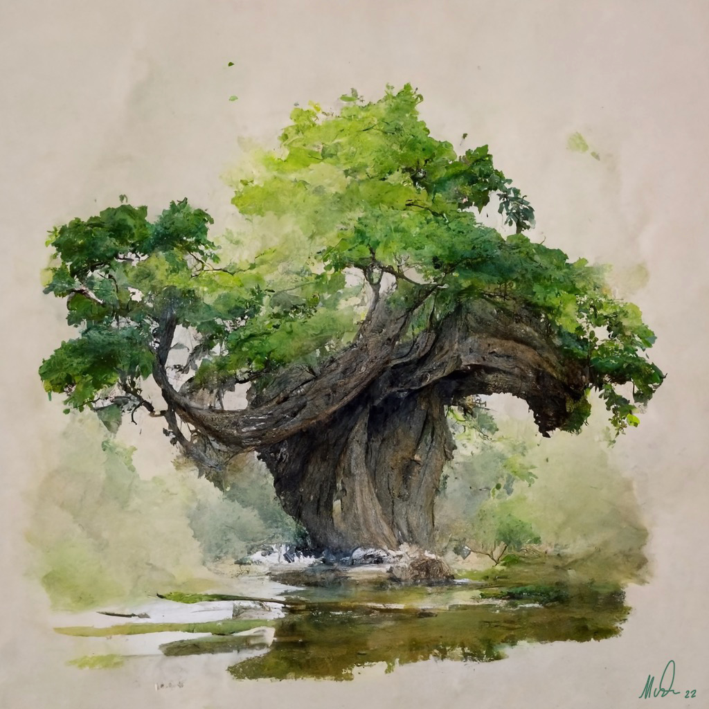 Old tree, deformed. Produced by AI Midjourney bot