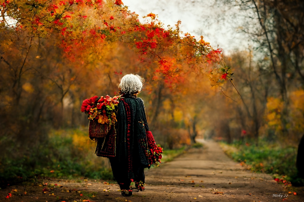 AI Art: old woman with white hair walking through forest collecting autumn leaves.