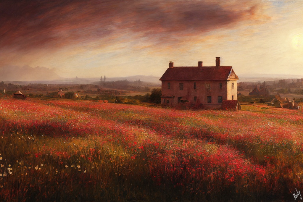 brick house in a field of wild flowers. AI digital art (c) Misky