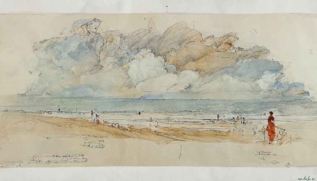 ai art, watercolour style beach scene