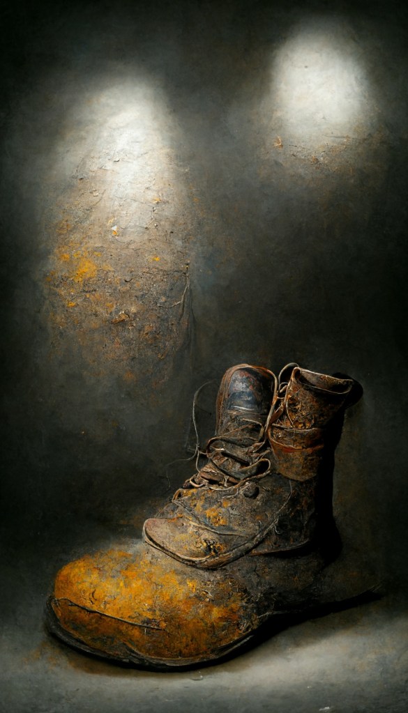 AI artwork, old cubby work boot.