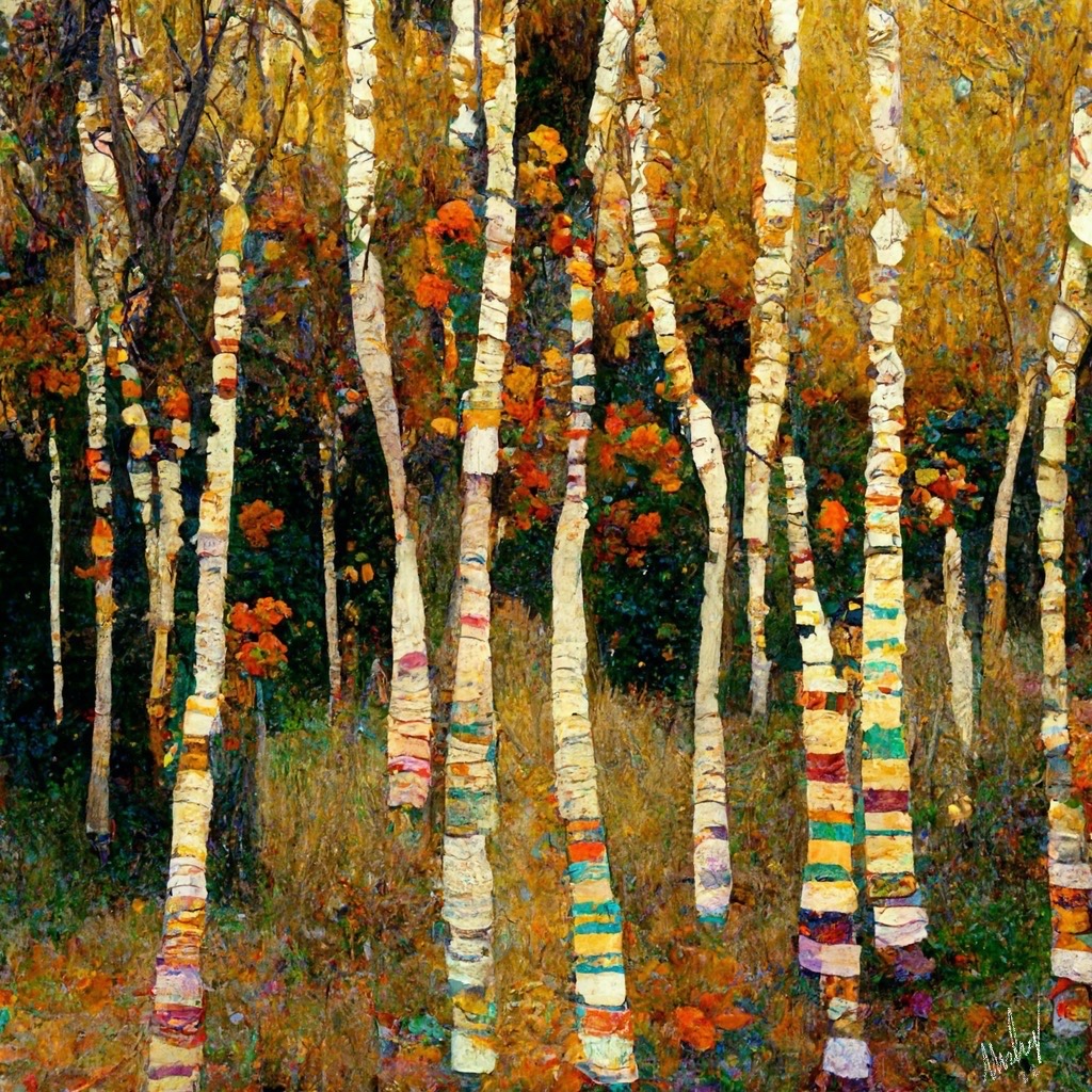 digital art in the style of Klimt's Birch Forest
