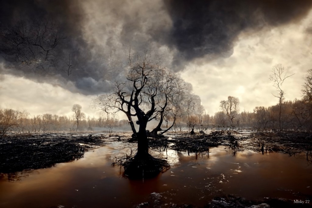 gloomy marsh water and bare trees monochrome.