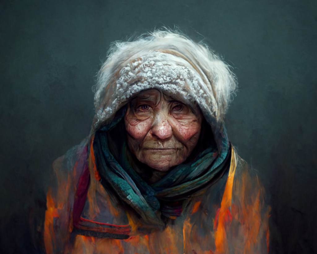 AI digital art: old woman with layers of clothing and hat, trying to keep warm.