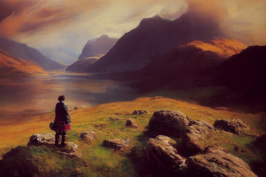 AI digital art: scottish man in kilt overlooking Glen Coe