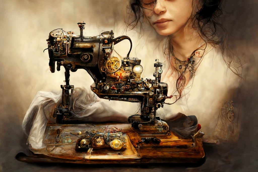 AI digital art. woman at a sewing machine