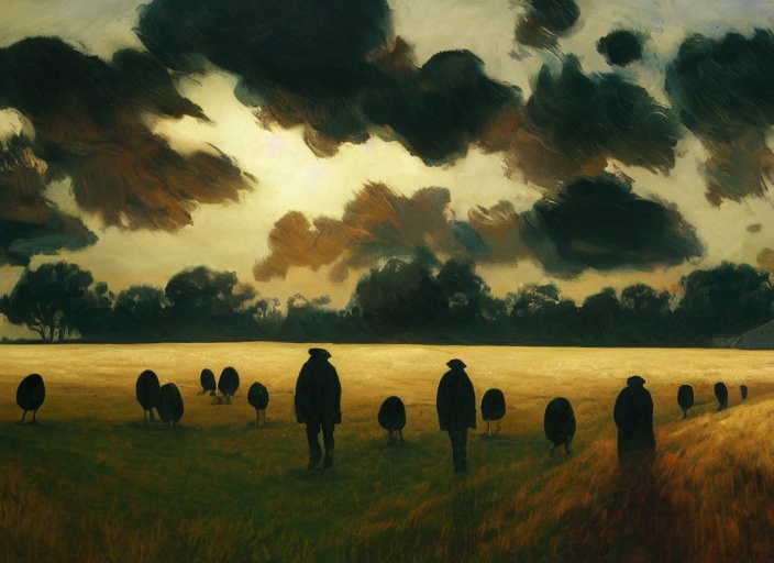 AI digital Art. wheat field with human-crow like figures