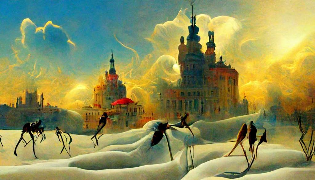 AI sunshine on a winter scene in the style of Dali