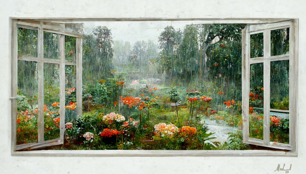 Rainy garden view through window