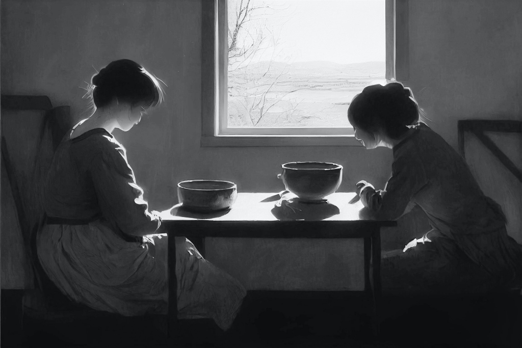 AI digital art: two sisters at a table, talking.