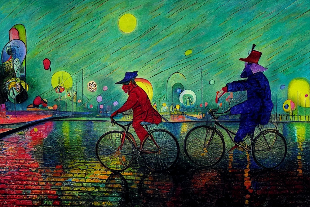 AI digital Art: two clowns on bicycles in the rain.