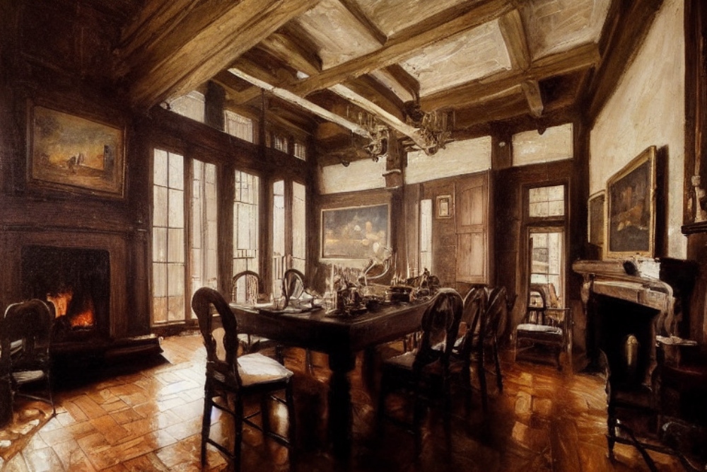 old house; beamed ceiling; dining room; inglenook fireplace, AI digital art.