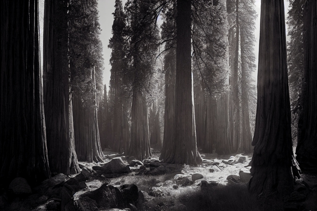 AI digital art. Sequoia trees. 