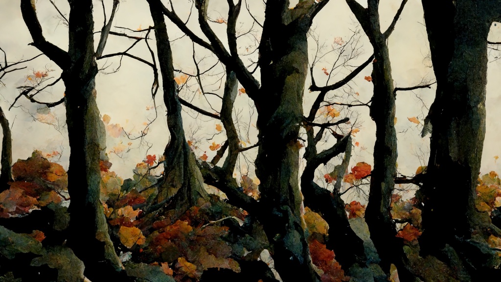 Digital Art: bare trees with rotting autumn leaves on the ground. 