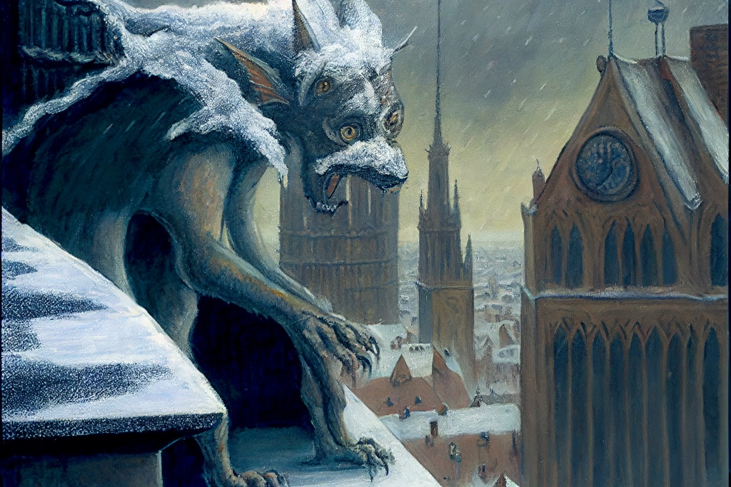 AI digital art: gargoyles on a cathedral in Paris