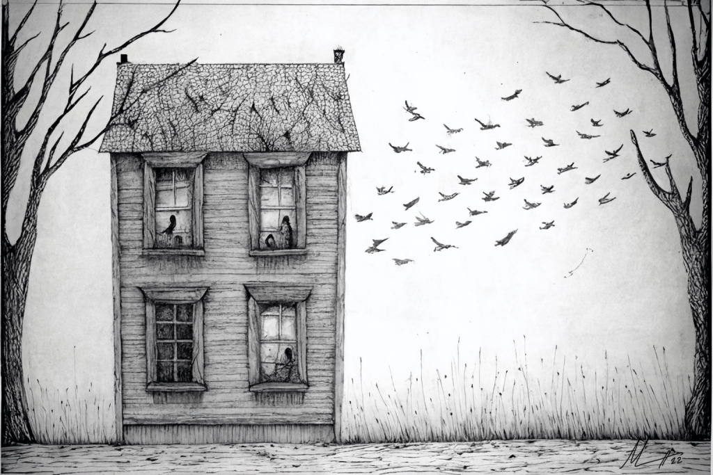sketch house trees and birds in flight