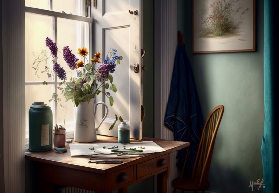 AI art: a room with a desk and chair by the window with flowers in a jug. Paper and pencils