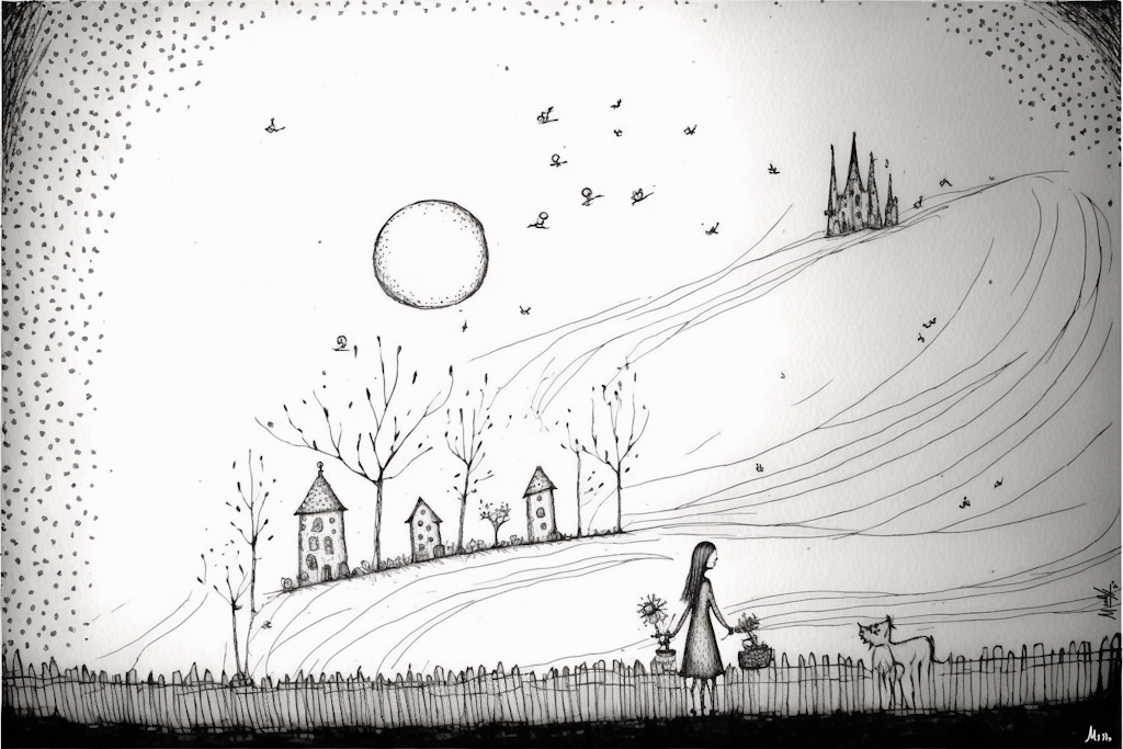 Pencil primitive sketch of girl,dog, and house.