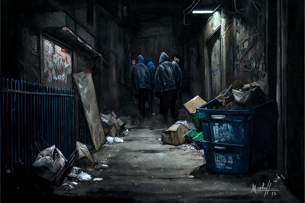 dark dangerous alley at night, boys in hoodies. 