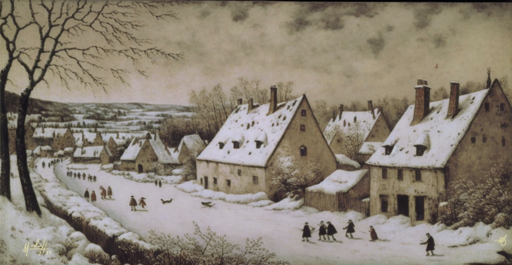 AI digital art: village snow scene, children ice skating, in the style of Bruegel. 