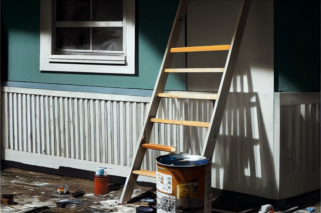 AI art: exterior of house painted blue and white, ladder, tins of paint and brushes.
