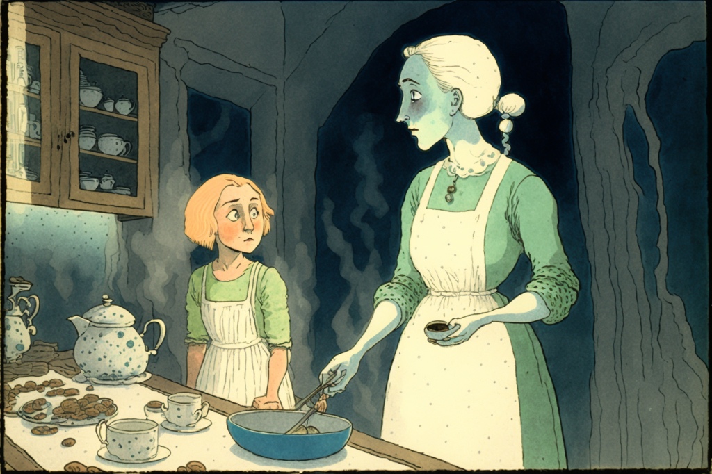 A.I. art in the style of kay nielsen or dulac. Grandmother and granddaughter in kitchen, cooking. Teapot, cups and saucer, biscuits, mixing bowl, cupboard on the wall. fine line drawing and watercolour in mute colours