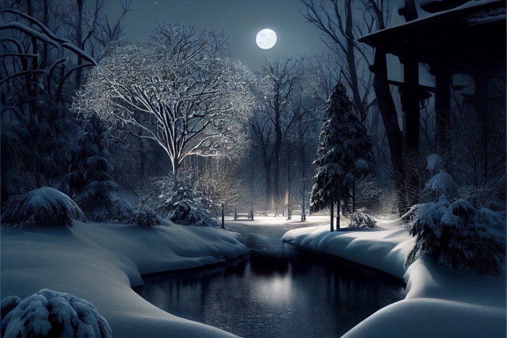 AI art. winter garden, snow, ice, dusk moonlight.