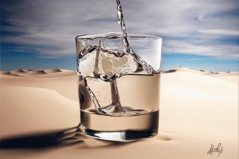 a glass of water, background desert