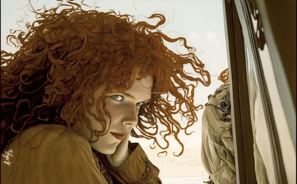 AI art: girl with curly red hair with a knowing glance. ©Misky 2023