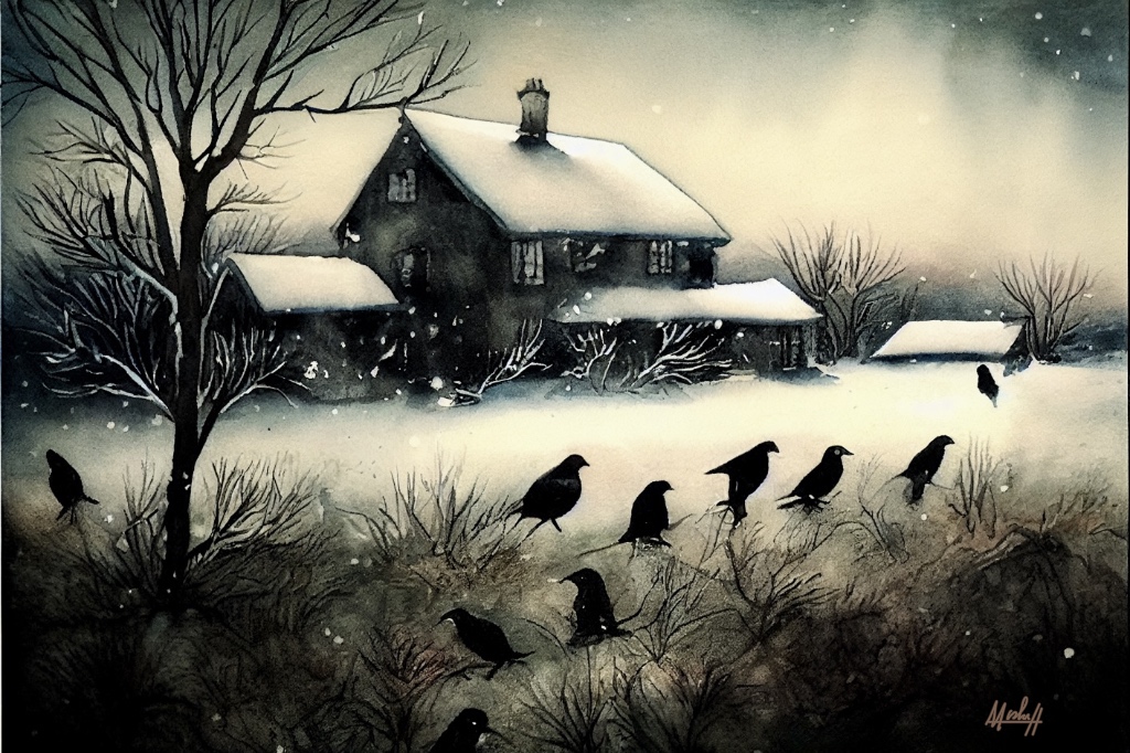 winter screen in monochrome, blackbirds, snow and house