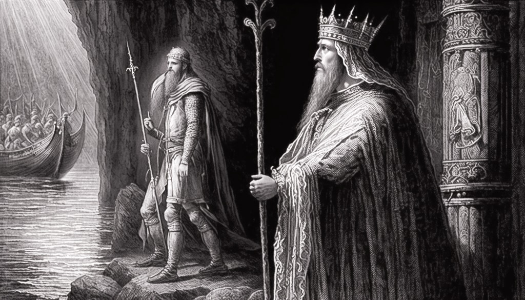 AI Artwork. B&W Perceval meeting the Fisher King at Grail Castle.