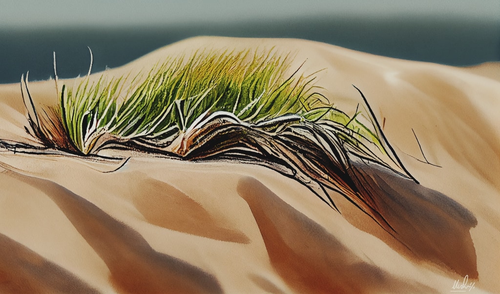 AI artwork: sand dunes with tufts of grass, ocean in the background