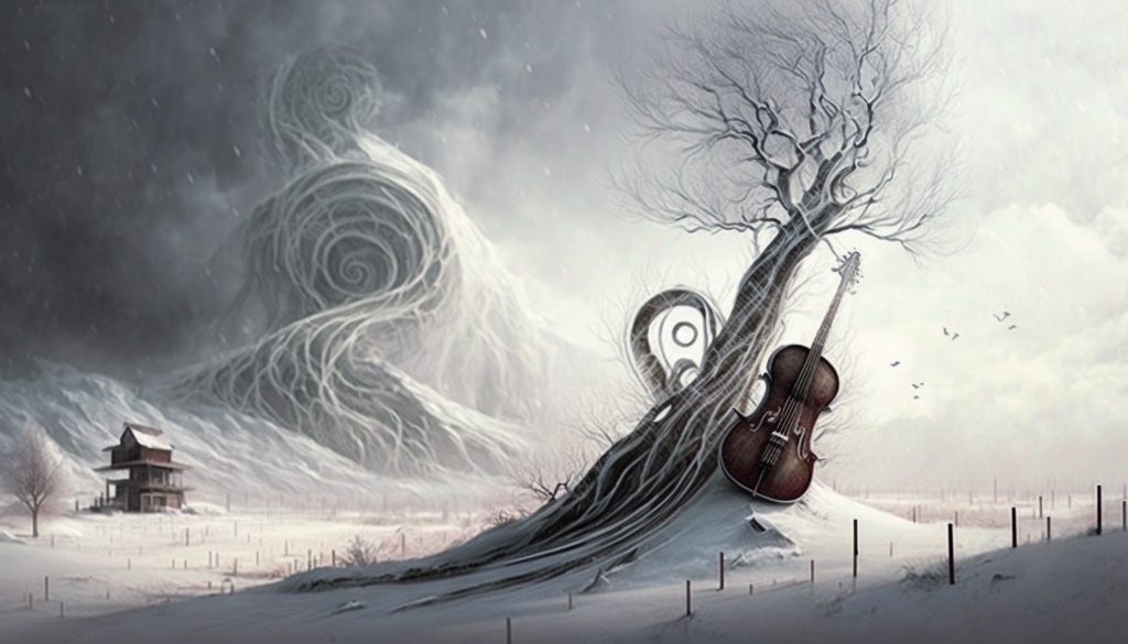 AI Artwork: cello resting against wintery bare tree, house in the background, wintery scene.