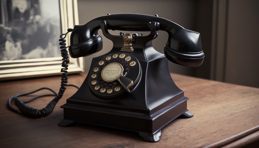 AI artwork. A black bakelite phone on a desk.
