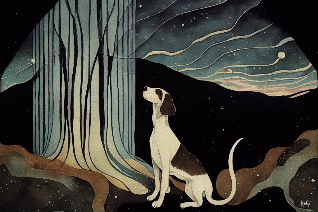 A.I. Artwork in the style of kay nielsen, gouache, watercolour, pastel, ink. A beagle howling at the sky