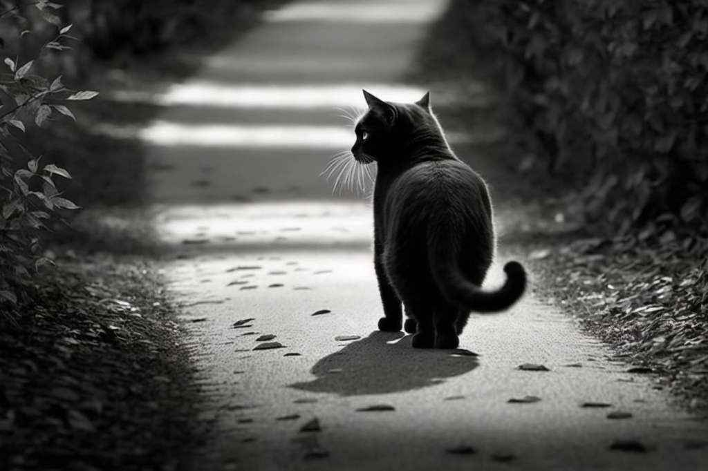 black cat walking on a path, B&W 