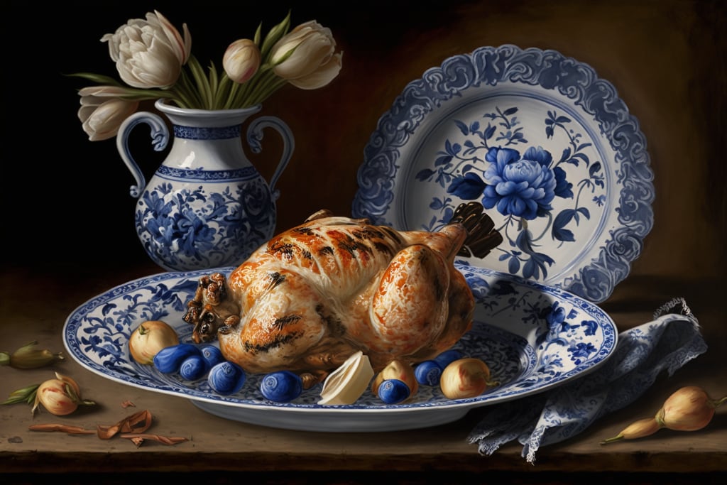 roast chicken on a Delft plater, still life painting, AI 