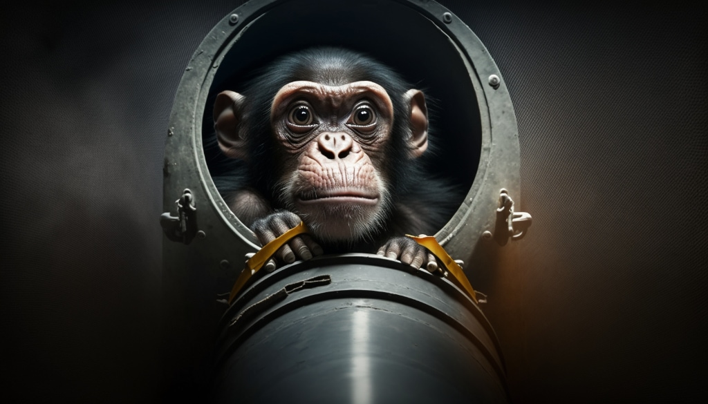 AI artwork, first chimpanzee in space, camera engine, 600mm f/4, 1.4x teleconverter, 1/800s, ISO 500 --ar 16:9 --v 4 --q 2 --uplight 