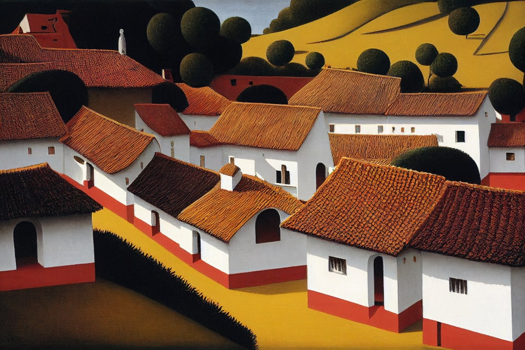 AI artwork. Colombian village. White washed houses with red tile roofs. 