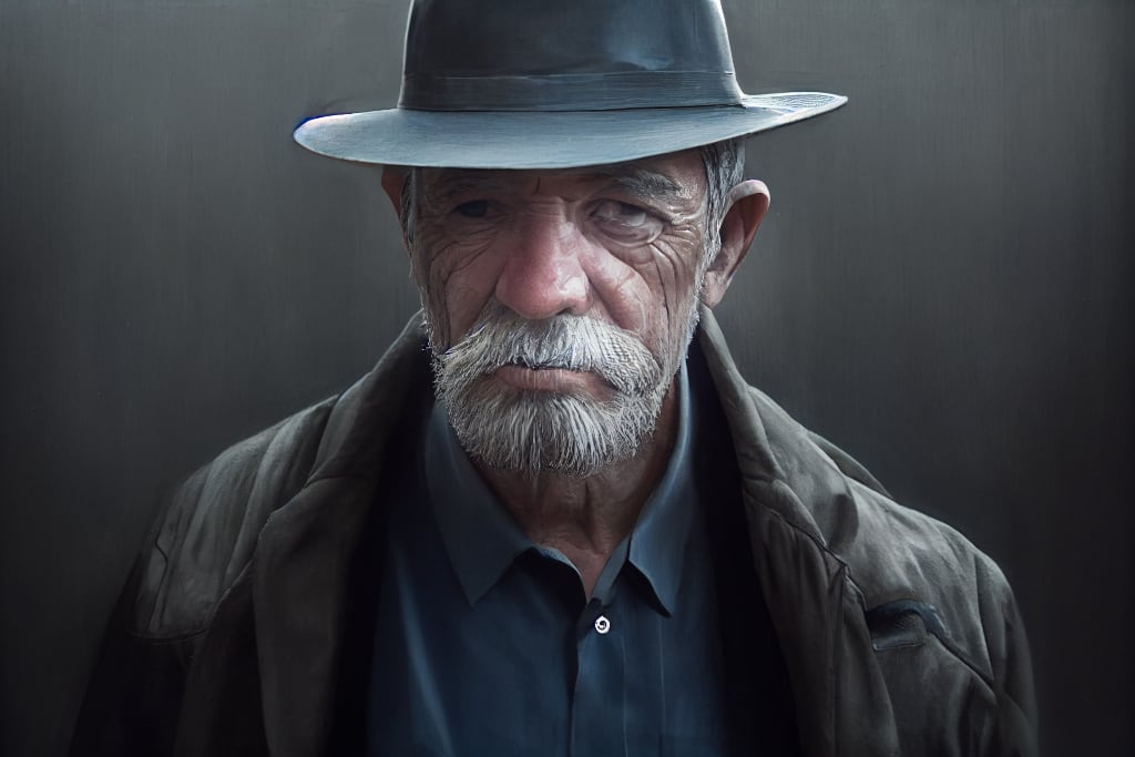 an elderly man in grey with a grim expression AI artwork