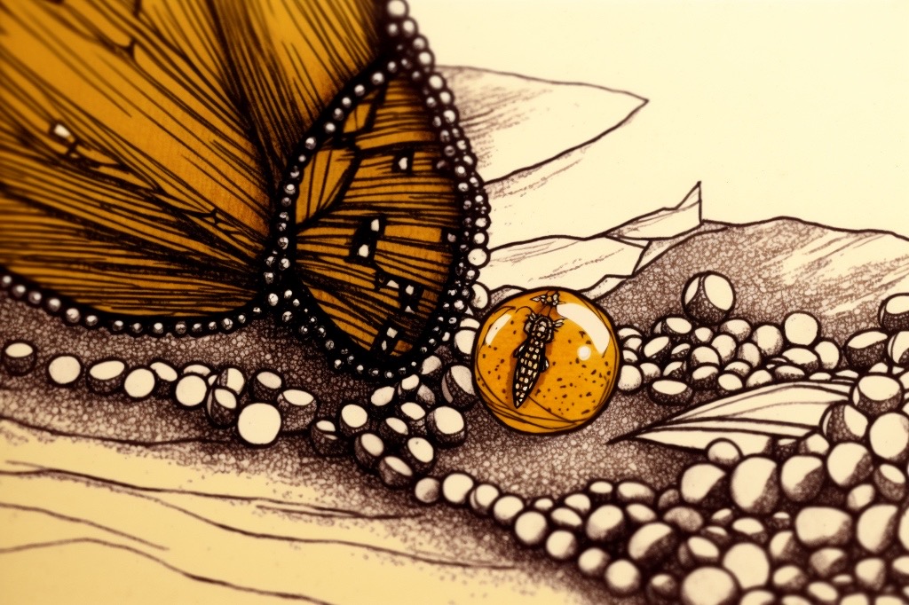 A.I. artwork. Abstract butterfly and pebbles in amber colours.