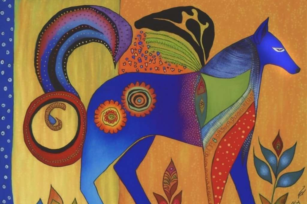 AI art. colourful horse in the style of Laurel Burch. 