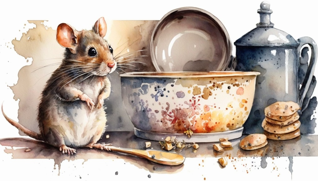 AI artwork, a mouse with a spoon underfoot, bowls, cookies/biscuit crumbs. Watercolour style.