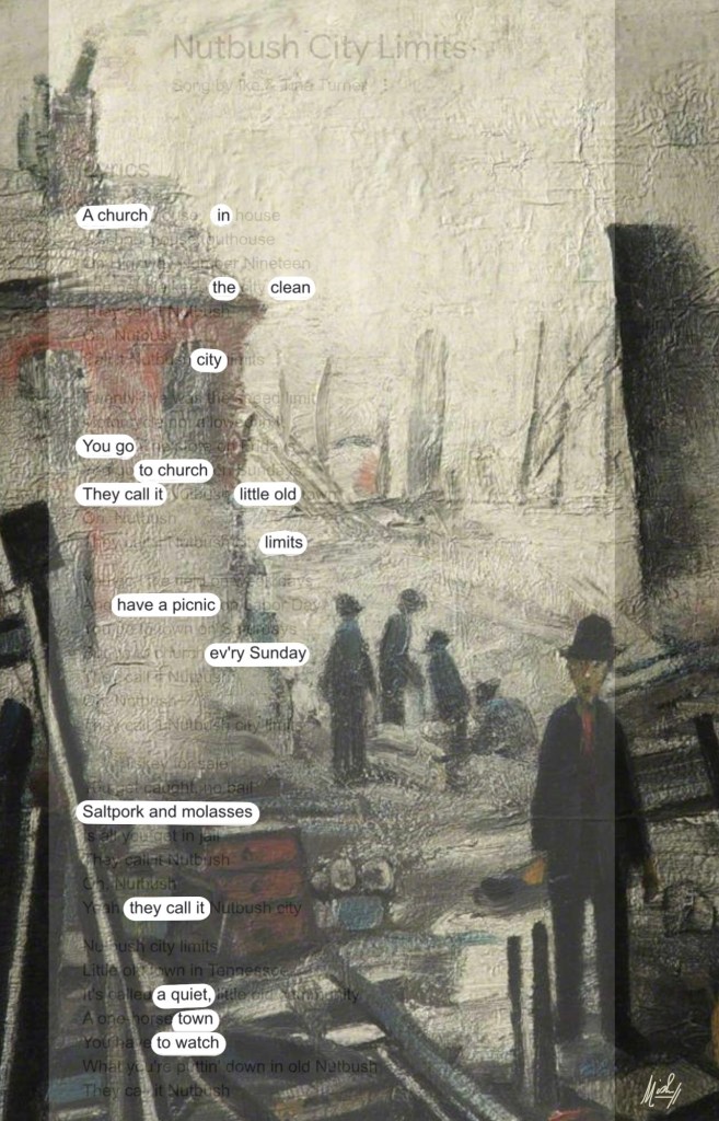 erasure poem, illustration is Blitz Site by L.S. Lowry. Text of erasure is in the text block.