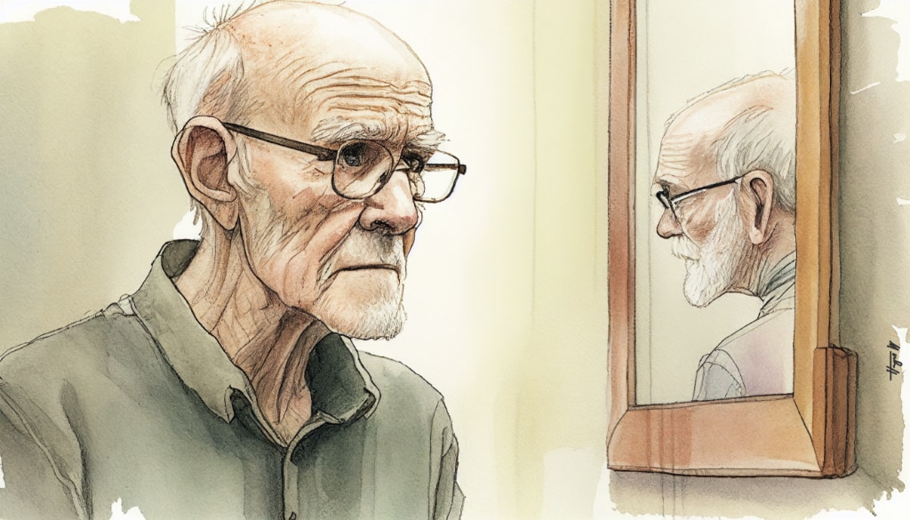 AI artwork. elderly man with glasses looking in the mirror at himself