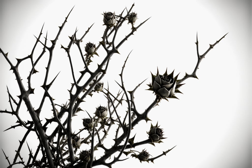 monochrome image of rose thorns. AI artwork created with Midjourney